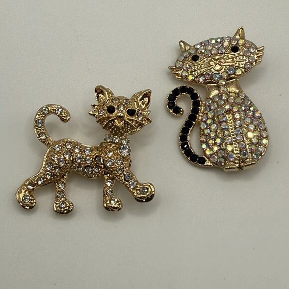 Gold Tone Rhinestone Cat Pins Lot of Two - Picture 1 of 4